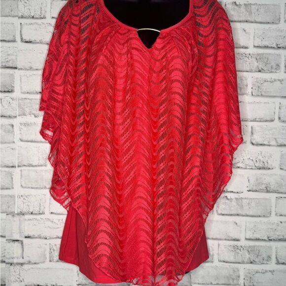 Covington Coral Red Sheer Poncho Women's Top - Picture 3 of 7